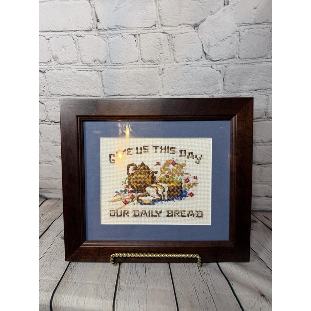 Vtg Professional Framed Cross Stitch Give Us This Day Our Daily Bread 1982 11x9 - Picture 2 of 7